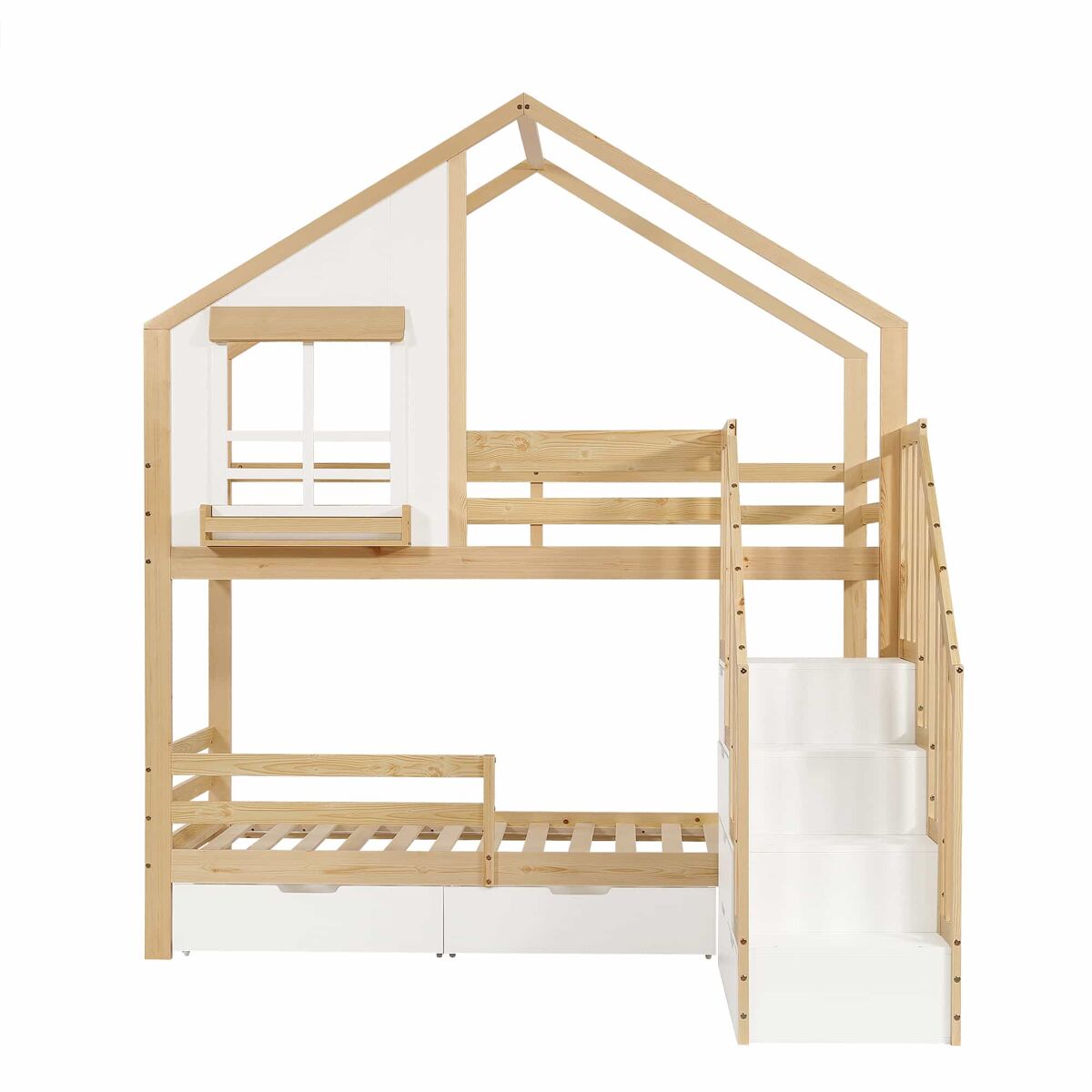 litera infantil 90x200 cm - ventanas decorativas escalera de seguridad con pasamanos 2 cajones con ruedas madera de pino y mdf - blanco y natural