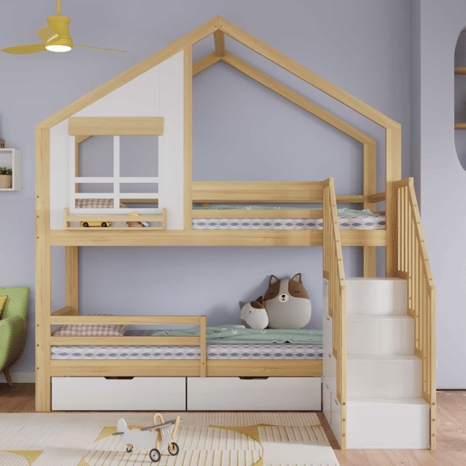 Beliche infantil 90 x 200 cm - Janelas decorativas, escada de segurança com corrimão, 2 gavetas com rodízios, madeira de pinho e MDF - Branco e natural Beliche infantil 90 x 200 cm - Janelas decorativas, escada de segurança com corrimão, 2 gavetas com rodízios, madeira de pinho e MDF - Branco e natural
