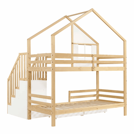 Beliche infantil 90 x 200 cm - Janelas decorativas, escada de segurança com corrimão, 2 gavetas com rodízios, madeira de pinho e MDF - Branco e natural Beliche infantil 90 x 200 cm - Janelas decorativas, escada de segurança com corrimão, 2 gavetas com rodízios, madeira de pinho e MDF - Branco e natural