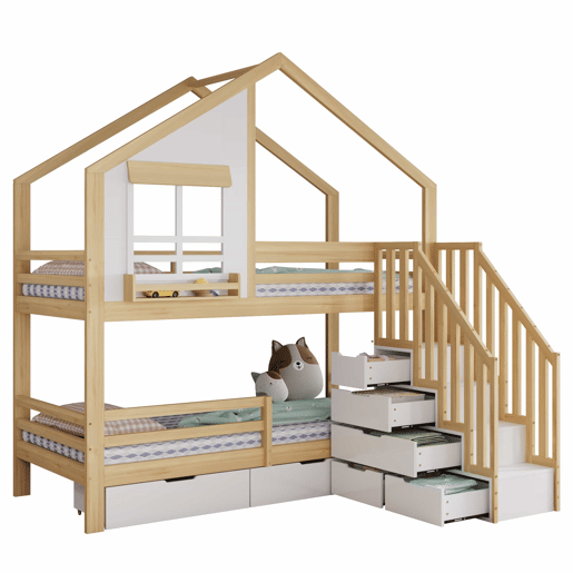 Beliche infantil 90 x 200 cm - Janelas decorativas, escada de segurança com corrimão, 2 gavetas com rodízios, madeira de pinho e MDF - Branco e natural Beliche infantil 90 x 200 cm - Janelas decorativas, escada de segurança com corrimão, 2 gavetas com rodízios, madeira de pinho e MDF - Branco e natural