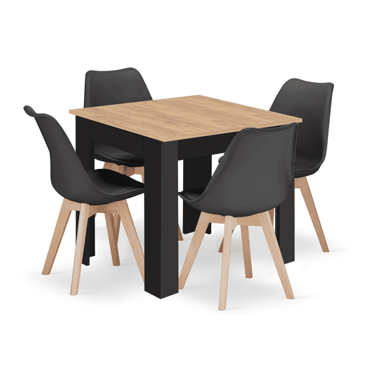 Conjunto de jantar com mesa de 80 × 80 cm em painel de partículas revestido a PVC, acabamento Carvalho Artisanpreto, e 4 cadeiras Mark em plástico, com assento almofadado em pele sintética e pernas de madeira, acabamento pretonatural.