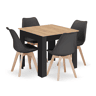 Conjunto de jantar com mesa de 80 × 80 cm em painel de partículas revestido a PVC, acabamento Carvalho Artisanpreto, e 4 cadeiras Mark em plástico, com assento almofadado em pele sintética e pernas de madeira, acabamento pretonatural.