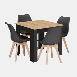 Conjunto de jantar com mesa de 80 × 80 cm em painel de partículas revestido a PVC, acabamento Carvalho Artisanpreto, e 4 cadeiras Mark em plástico, com assento almofadado em pele sintética e pernas de madeira, acabamento pretonatural.