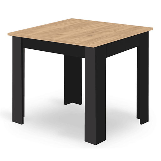 Conjunto de jantar com mesa de 80 × 80 cm em painel de partículas revestido a PVC, acabamento Carvalho Artisanpreto, e 4 cadeiras Mark em plástico, com assento almofadado em pele sintética e pernas de madeira, acabamento pretonatural.