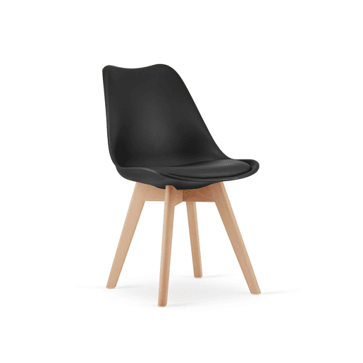 Conjunto de jantar com mesa de 80 × 80 cm em painel de partículas revestido a PVC, acabamento Carvalho Artisanpreto, e 4 cadeiras Mark em plástico, com assento almofadado em pele sintética e pernas de madeira, acabamento pretonatural.