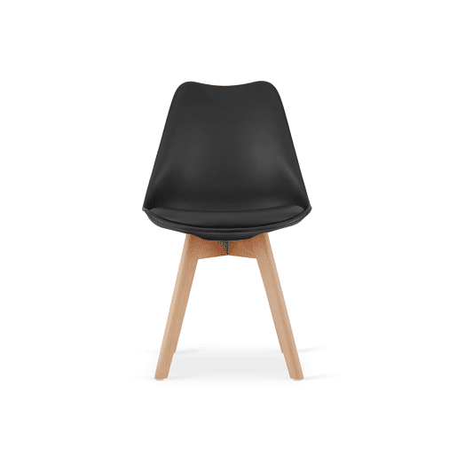Conjunto de jantar com mesa de 80 × 80 cm em painel de partículas revestido a PVC, acabamento Carvalho Artisanpreto, e 4 cadeiras Mark em plástico, com assento almofadado em pele sintética e pernas de madeira, acabamento pretonatural.