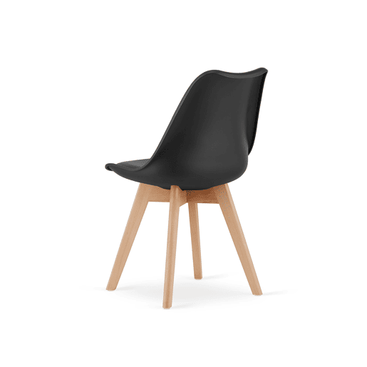 Conjunto de jantar com mesa de 80 × 80 cm em painel de partículas revestido a PVC, acabamento Carvalho Artisanpreto, e 4 cadeiras Mark em plástico, com assento almofadado em pele sintética e pernas de madeira, acabamento pretonatural.