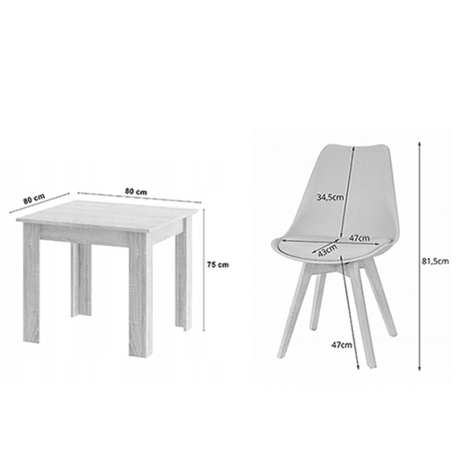 Conjunto de jantar com mesa de 80 × 80 cm em painel de partículas revestido a PVC, acabamento Carvalho Artisanpreto, e 4 cadeiras Mark em plástico, com assento almofadado em pele sintética e pernas de madeira, acabamento pretonatural.