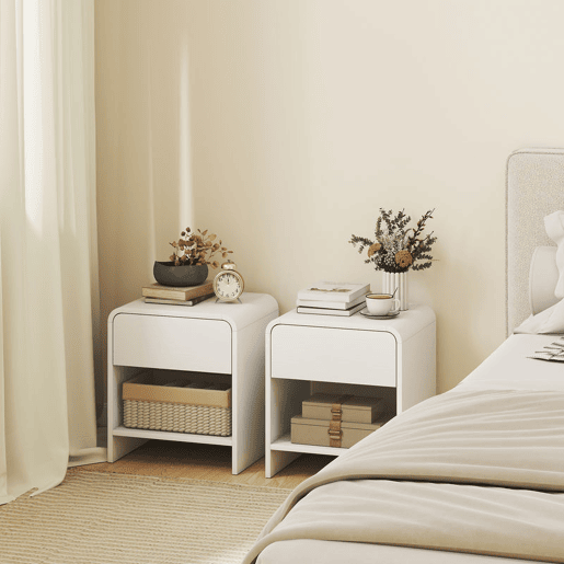HOMCOM Conjunto de 2 Mesas de Cabeceira Nórdicas com Cantos Arredondados, Gaveta e Prateleira Aberta, Mesa Auxiliar para Quarto ou Sala, 40x35x45 cm, Branco HOMCOM Conjunto de 2 Mesas de Cabeceira Nórdicas com Cantos Arredondados, Gaveta e Prateleira Aberta, Mesa Auxiliar para Quarto ou Sala, 40x35x45 cm, Branco