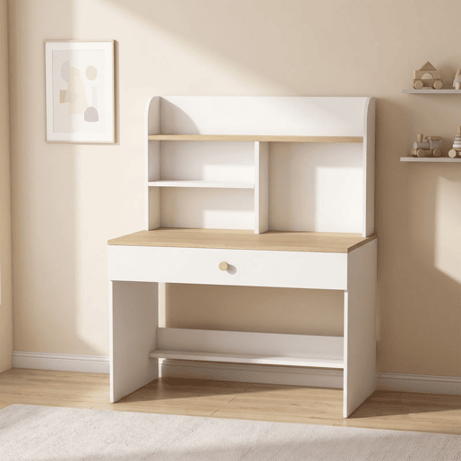 AIYAPLAY Secretária Infantil com Prateleira, 3 Compartimentos e Gaveta, 80x50x100 cm, Branco