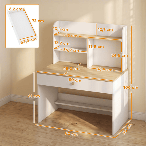 AIYAPLAY Secretária Infantil com Prateleira, 3 Compartimentos e Gaveta, 80x50x100 cm, Branco