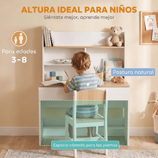 AIYAPLAY Secretária Infantil com Prateleira, 3 Compartimentos e Gaveta, 80x50x100 cm, Branco