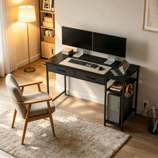 Secretária de escritório 120 x 51 x 75 cm u2014 com gavetas em tecido, design moderno para computador e estudo u2014 Preto Secretária de escritório 120 x 51 x 75 cm u2014 com gavetas em tecido, design moderno para computador e estudo u2014 Preto
