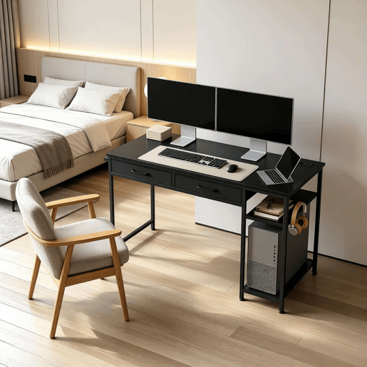 Secretária de escritório 120 x 51 x 75 cm u2014 com gavetas em tecido, design moderno para computador e estudo u2014 Preto Secretária de escritório 120 x 51 x 75 cm u2014 com gavetas em tecido, design moderno para computador e estudo u2014 Preto