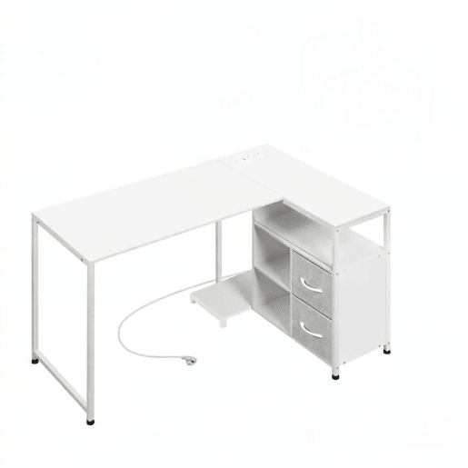 Secretária de canto 80 x 120 x 76 cm u2014 design reversível com tomada integrada u2014 branco Secretária de canto 80 x 120 x 76 cm u2014 design reversível com tomada integrada u2014 branco