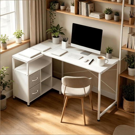 Secretária de canto 80 x 120 x 76 cm u2014 design reversível com tomada integrada u2014 branco Secretária de canto 80 x 120 x 76 cm u2014 design reversível com tomada integrada u2014 branco
