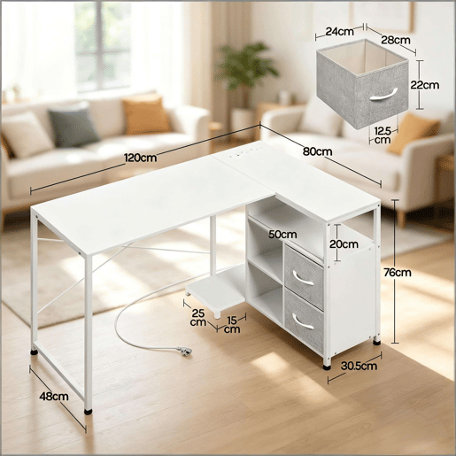 Secretária de canto 80 x 120 x 76 cm u2014 design reversível com tomada integrada u2014 branco Secretária de canto 80 x 120 x 76 cm u2014 design reversível com tomada integrada u2014 branco