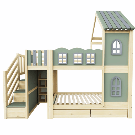 Beliche infantil 90 x 200 cm - com grade em forma de nuvem, estrutura com teto e janelas, escada com espaço de arrumação, prateleiras e gavetas, cama de madeira para meninos e meninas - Verde, cinzento e madeira natural Beliche infantil 90 x 200 cm - com grade em forma de nuvem, estrutura com teto e janelas, escada com espaço de arrumação, prateleiras e gavetas, cama de madeira para meninos e meninas - Verde, cinzento e madeira natural