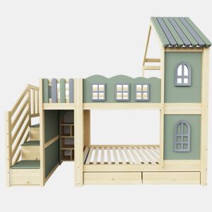 Beliche infantil 90 x 200 cm - com grade em forma de nuvem, estrutura com teto e janelas, escada com espaço de arrumação, prateleiras e gavetas, cama de madeira para meninos e meninas - Verde, cinzento e madeira natural