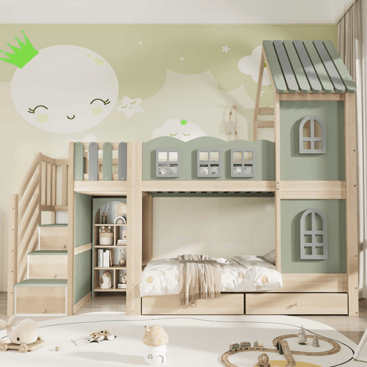 Beliche infantil 90 x 200 cm - com grade em forma de nuvem, estrutura com teto e janelas, escada com espaço de arrumação, prateleiras e gavetas, cama de madeira para meninos e meninas - Verde, cinzento e madeira natural Beliche infantil 90 x 200 cm - com grade em forma de nuvem, estrutura com teto e janelas, escada com espaço de arrumação, prateleiras e gavetas, cama de madeira para meninos e meninas - Verde, cinzento e madeira natural