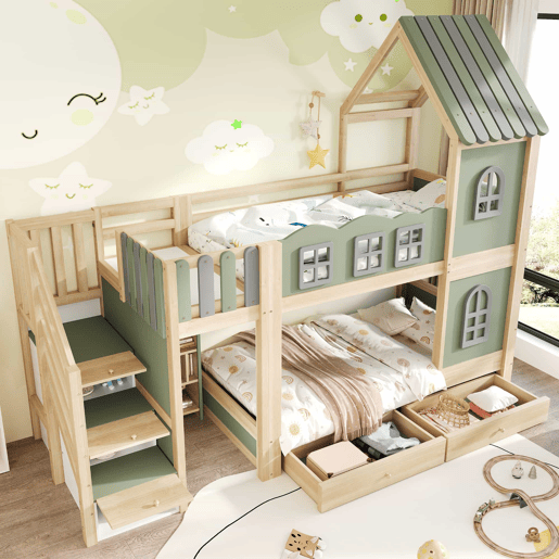 Beliche infantil 90 x 200 cm - com grade em forma de nuvem, estrutura com teto e janelas, escada com espaço de arrumação, prateleiras e gavetas, cama de madeira para meninos e meninas - Verde, cinzento e madeira natural Beliche infantil 90 x 200 cm - com grade em forma de nuvem, estrutura com teto e janelas, escada com espaço de arrumação, prateleiras e gavetas, cama de madeira para meninos e meninas - Verde, cinzento e madeira natural
