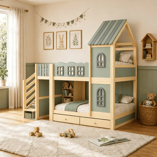 Beliche infantil 90 x 200 cm - com grade em forma de nuvem, estrutura com teto e janelas, escada com espaço de arrumação, prateleiras e gavetas, cama de madeira para meninos e meninas - Verde, cinzento e madeira natural Beliche infantil 90 x 200 cm - com grade em forma de nuvem, estrutura com teto e janelas, escada com espaço de arrumação, prateleiras e gavetas, cama de madeira para meninos e meninas - Verde, cinzento e madeira natural