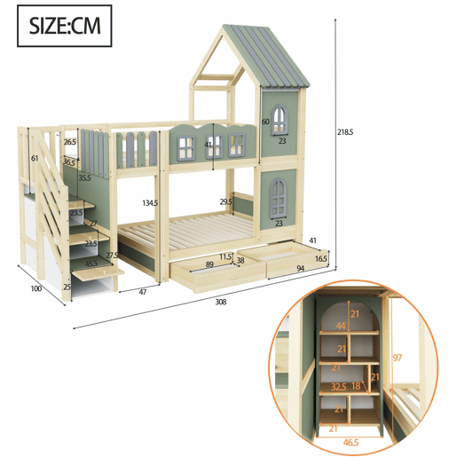 Beliche infantil 90 x 200 cm - com grade em forma de nuvem, estrutura com teto e janelas, escada com espaço de arrumação, prateleiras e gavetas, cama de madeira para meninos e meninas - Verde, cinzento e madeira natural Beliche infantil 90 x 200 cm - com grade em forma de nuvem, estrutura com teto e janelas, escada com espaço de arrumação, prateleiras e gavetas, cama de madeira para meninos e meninas - Verde, cinzento e madeira natural