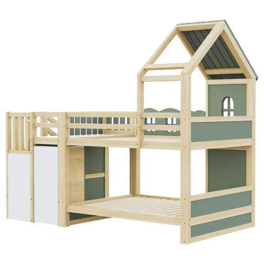 Beliche infantil 90 x 200 cm - com grade em forma de nuvem, estrutura com teto e janelas, escada com espaço de arrumação, prateleiras e gavetas, cama de madeira para meninos e meninas - Verde, cinzento e madeira natural Beliche infantil 90 x 200 cm - com grade em forma de nuvem, estrutura com teto e janelas, escada com espaço de arrumação, prateleiras e gavetas, cama de madeira para meninos e meninas - Verde, cinzento e madeira natural