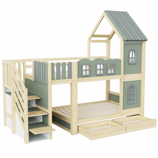 Beliche infantil 90 x 200 cm - com grade em forma de nuvem, estrutura com teto e janelas, escada com espaço de arrumação, prateleiras e gavetas, cama de madeira para meninos e meninas - Verde, cinzento e madeira natural Beliche infantil 90 x 200 cm - com grade em forma de nuvem, estrutura com teto e janelas, escada com espaço de arrumação, prateleiras e gavetas, cama de madeira para meninos e meninas - Verde, cinzento e madeira natural