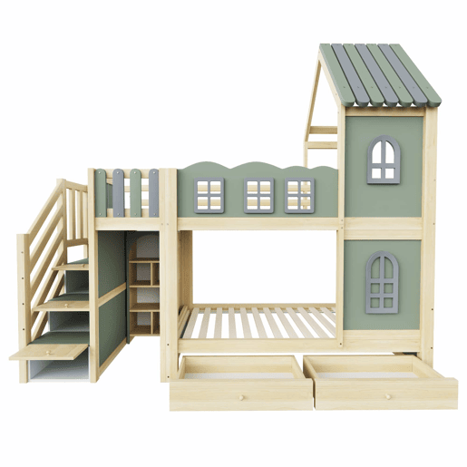 Beliche infantil 90 x 200 cm - com grade em forma de nuvem, estrutura com teto e janelas, escada com espaço de arrumação, prateleiras e gavetas, cama de madeira para meninos e meninas - Verde, cinzento e madeira natural Beliche infantil 90 x 200 cm - com grade em forma de nuvem, estrutura com teto e janelas, escada com espaço de arrumação, prateleiras e gavetas, cama de madeira para meninos e meninas - Verde, cinzento e madeira natural