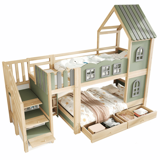 Beliche infantil 90 x 200 cm - com grade em forma de nuvem, estrutura com teto e janelas, escada com espaço de arrumação, prateleiras e gavetas, cama de madeira para meninos e meninas - Verde, cinzento e madeira natural Beliche infantil 90 x 200 cm - com grade em forma de nuvem, estrutura com teto e janelas, escada com espaço de arrumação, prateleiras e gavetas, cama de madeira para meninos e meninas - Verde, cinzento e madeira natural