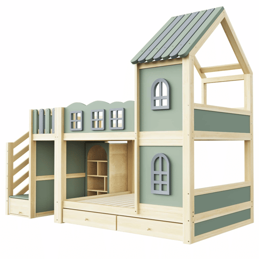 Beliche infantil 90 x 200 cm - com grade em forma de nuvem, estrutura com teto e janelas, escada com espaço de arrumação, prateleiras e gavetas, cama de madeira para meninos e meninas - Verde, cinzento e madeira natural Beliche infantil 90 x 200 cm - com grade em forma de nuvem, estrutura com teto e janelas, escada com espaço de arrumação, prateleiras e gavetas, cama de madeira para meninos e meninas - Verde, cinzento e madeira natural