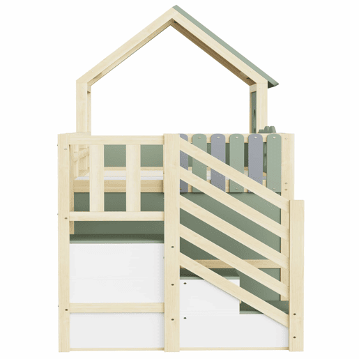 Beliche infantil 90 x 200 cm - com grade em forma de nuvem, estrutura com teto e janelas, escada com espaço de arrumação, prateleiras e gavetas, cama de madeira para meninos e meninas - Verde, cinzento e madeira natural Beliche infantil 90 x 200 cm - com grade em forma de nuvem, estrutura com teto e janelas, escada com espaço de arrumação, prateleiras e gavetas, cama de madeira para meninos e meninas - Verde, cinzento e madeira natural