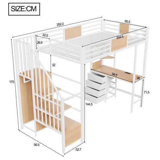 Cama alta em metal 90x200 - com secretária, prateleiras, varão para roupa, iluminação LED e tomada, multifuncional para escritórios e quartos pequenos - branco