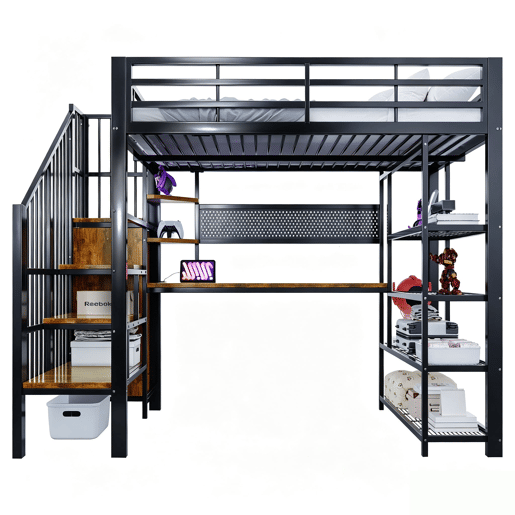 Cama alta metálica 140x200 - Secretária comprida, painel perfurado, várias prateleiras, luz LED, tomada Euro, grade alta - Preto Cama alta metálica 140x200 - Secretária comprida, painel perfurado, várias prateleiras, luz LED, tomada Euro, grade alta - Preto