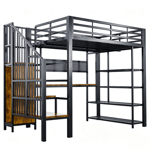 Cama alta metálica 140x200 - Secretária comprida, painel perfurado, várias prateleiras, luz LED, tomada Euro, grade alta - Preto Cama alta metálica 140x200 - Secretária comprida, painel perfurado, várias prateleiras, luz LED, tomada Euro, grade alta - Preto
