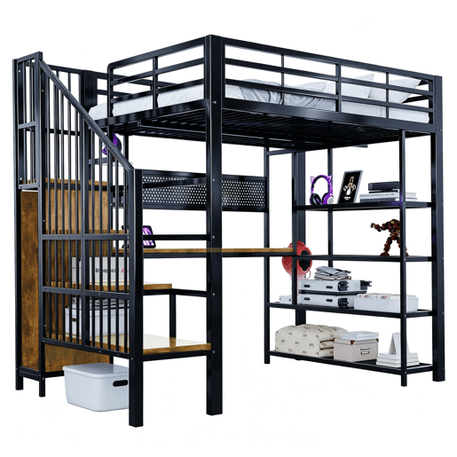Cama alta metálica 140x200 - Secretária comprida, painel perfurado, várias prateleiras, luz LED, tomada Euro, grade alta - Preto Cama alta metálica 140x200 - Secretária comprida, painel perfurado, várias prateleiras, luz LED, tomada Euro, grade alta - Preto