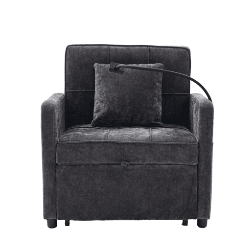 Poltrona-cama 2 em 1 individual u2014 com almofadas, bolsos laterais, mesa auxiliar e saco de arrumação lateral u2014 chenille cinzenta escura Poltrona-cama 2 em 1 individual u2014 com almofadas, bolsos laterais, mesa auxiliar e saco de arrumação lateral u2014 chenille cinzenta escura