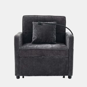 Poltrona-cama 2 em 1 individual u2014 com almofadas, bolsos laterais, mesa auxiliar e saco de arrumação lateral u2014 chenille cinzenta escura