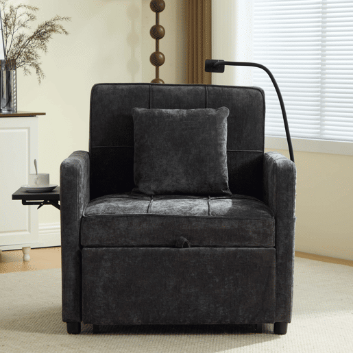 Poltrona-cama 2 em 1 individual u2014 com almofadas, bolsos laterais, mesa auxiliar e saco de arrumação lateral u2014 chenille cinzenta escura Poltrona-cama 2 em 1 individual u2014 com almofadas, bolsos laterais, mesa auxiliar e saco de arrumação lateral u2014 chenille cinzenta escura