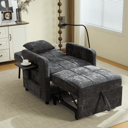 Poltrona-cama 2 em 1 individual u2014 com almofadas, bolsos laterais, mesa auxiliar e saco de arrumação lateral u2014 chenille cinzenta escura Poltrona-cama 2 em 1 individual u2014 com almofadas, bolsos laterais, mesa auxiliar e saco de arrumação lateral u2014 chenille cinzenta escura