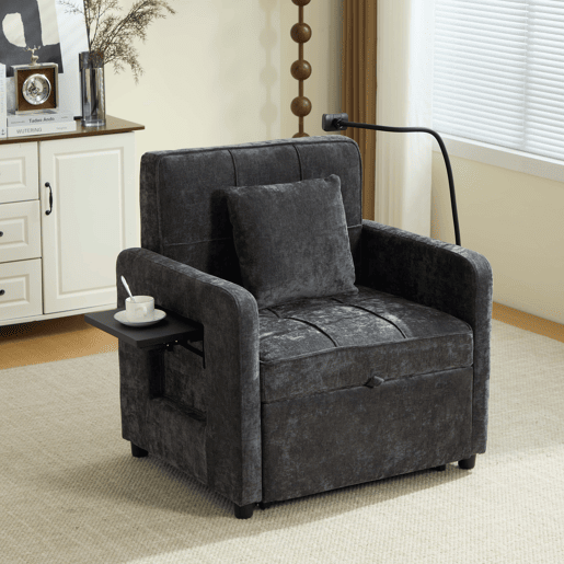 Poltrona-cama 2 em 1 individual u2014 com almofadas, bolsos laterais, mesa auxiliar e saco de arrumação lateral u2014 chenille cinzenta escura Poltrona-cama 2 em 1 individual u2014 com almofadas, bolsos laterais, mesa auxiliar e saco de arrumação lateral u2014 chenille cinzenta escura