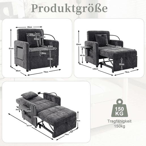 Poltrona-cama 2 em 1 individual u2014 com almofadas, bolsos laterais, mesa auxiliar e saco de arrumação lateral u2014 chenille cinzenta escura Poltrona-cama 2 em 1 individual u2014 com almofadas, bolsos laterais, mesa auxiliar e saco de arrumação lateral u2014 chenille cinzenta escura