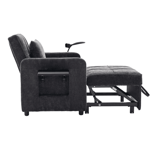 Poltrona-cama 2 em 1 individual u2014 com almofadas, bolsos laterais, mesa auxiliar e saco de arrumação lateral u2014 chenille cinzenta escura Poltrona-cama 2 em 1 individual u2014 com almofadas, bolsos laterais, mesa auxiliar e saco de arrumação lateral u2014 chenille cinzenta escura