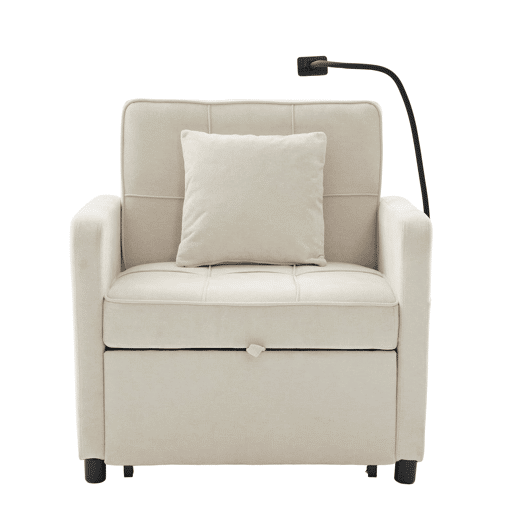Poltrona-cama 2 em 1 individual u2014 com almofada, mesinha lateral, bolsos laterais e saco de arrumação u2014 Chenille bege Poltrona-cama 2 em 1 individual u2014 com almofada, mesinha lateral, bolsos laterais e saco de arrumação u2014 Chenille bege