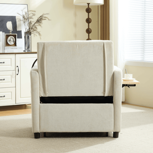 Poltrona-cama 2 em 1 individual u2014 com almofada, mesinha lateral, bolsos laterais e saco de arrumação u2014 Chenille bege Poltrona-cama 2 em 1 individual u2014 com almofada, mesinha lateral, bolsos laterais e saco de arrumação u2014 Chenille bege