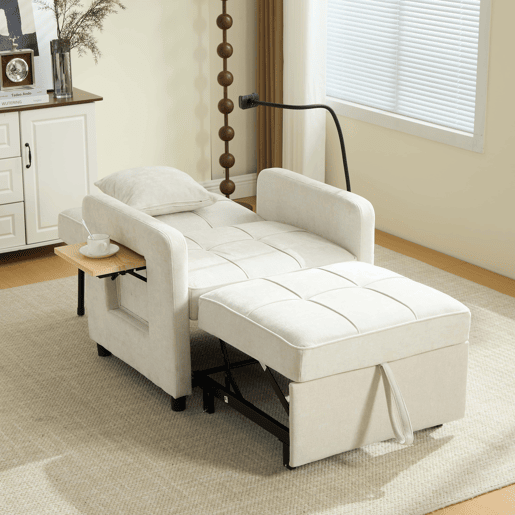 Poltrona-cama 2 em 1 individual u2014 com almofada, mesinha lateral, bolsos laterais e saco de arrumação u2014 Chenille bege Poltrona-cama 2 em 1 individual u2014 com almofada, mesinha lateral, bolsos laterais e saco de arrumação u2014 Chenille bege