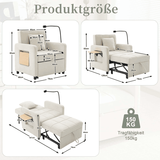 Poltrona-cama 2 em 1 individual u2014 com almofada, mesinha lateral, bolsos laterais e saco de arrumação u2014 Chenille bege Poltrona-cama 2 em 1 individual u2014 com almofada, mesinha lateral, bolsos laterais e saco de arrumação u2014 Chenille bege