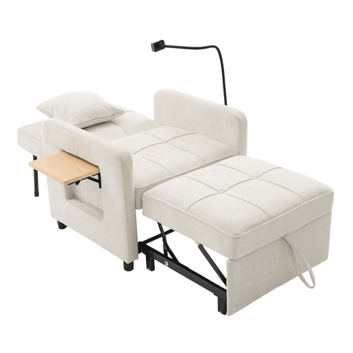 Poltrona-cama 2 em 1 individual u2014 com almofada, mesinha lateral, bolsos laterais e saco de arrumação u2014 Chenille bege Poltrona-cama 2 em 1 individual u2014 com almofada, mesinha lateral, bolsos laterais e saco de arrumação u2014 Chenille bege