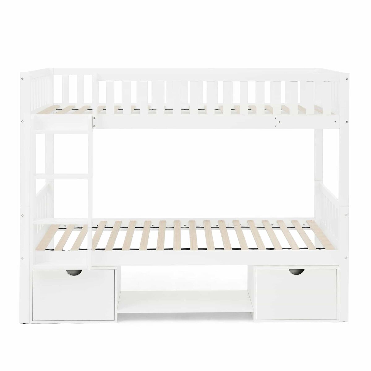 Cama infantil doble de madera maciza de pino 90×200 cm - convertible en 2 camas individuales, con barandillas de seguridad, cajones de almacenamiento,